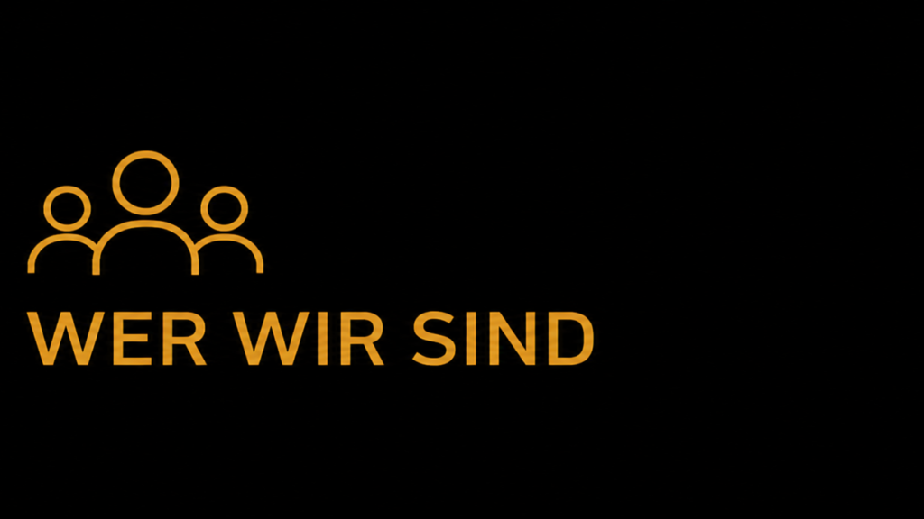 Goldenes Community-Symbol mit Schriftzug „WER WIR SIND“ auf schwarzem Hintergrund.