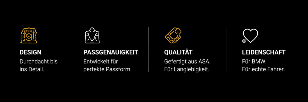 Informationsgrafik mit vier Symbolen zu Design, Passgenauigkeit, Qualität und Leidenschaft auf schwarzem Hintergrund.