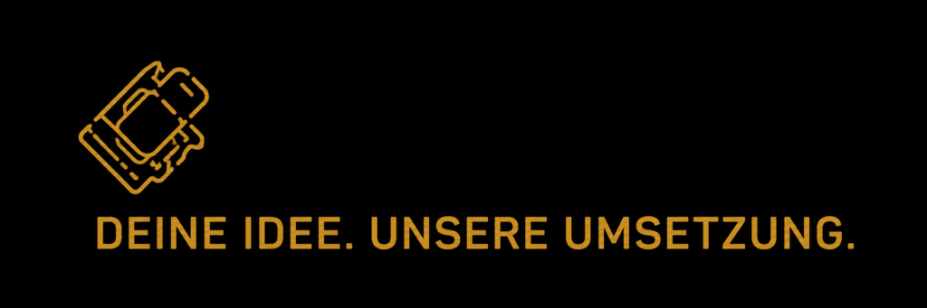 Goldenes Motor-Icon mit Schriftzug „DEINE IDEE. UNSERE UMSETZUNG.“ auf schwarzem Hintergrund.