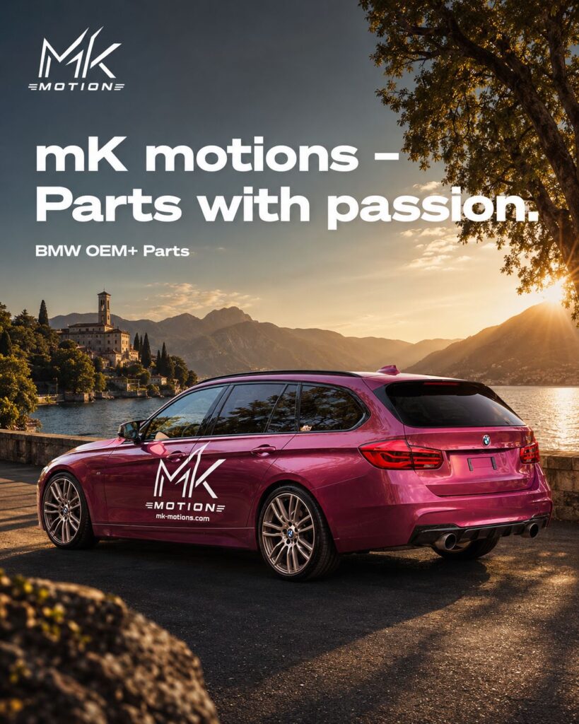Pinkfarbener BMW F31 Touring von MK Motions am See bei Sonnenuntergang mit Alpenkulisse und Werbeslogan.